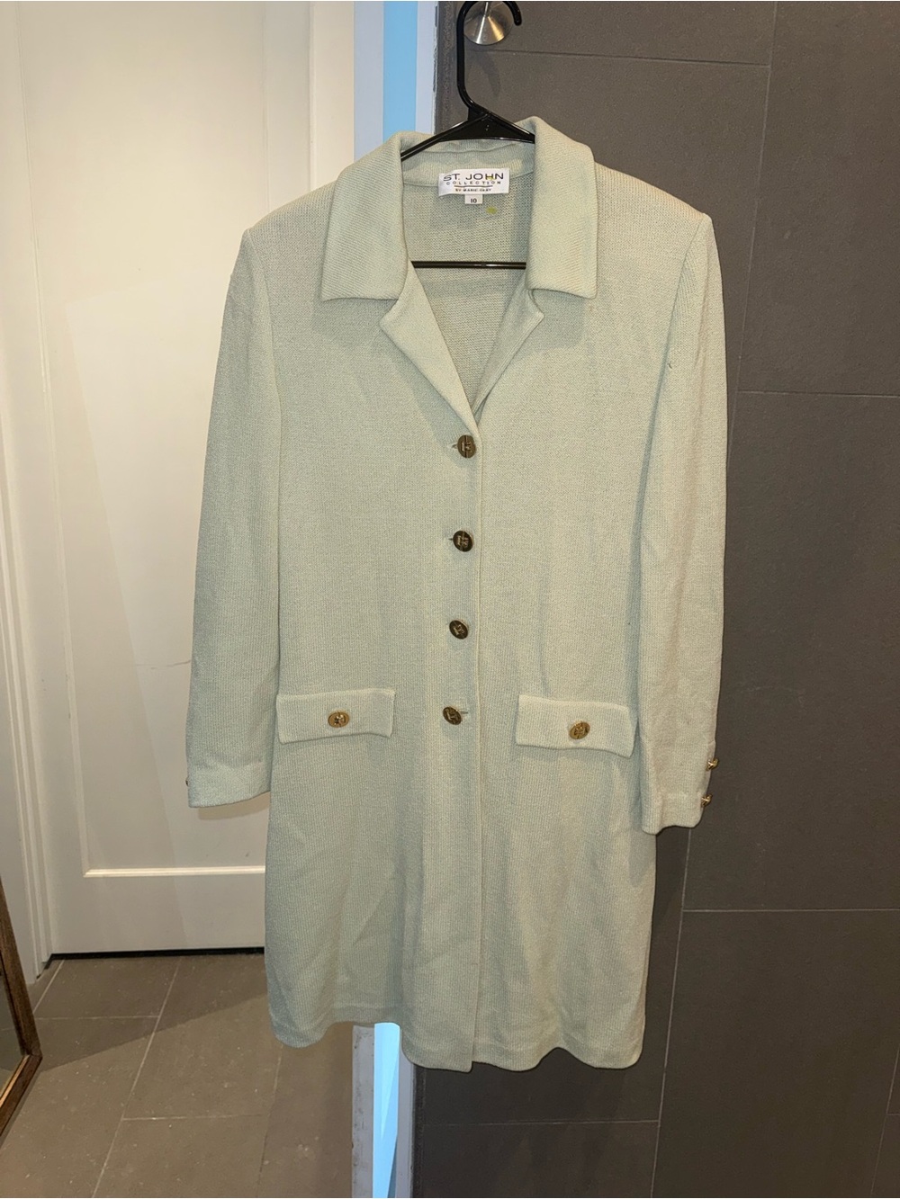 Vtg St. John Santana Knit Coat Green Gold Buttons Size 10